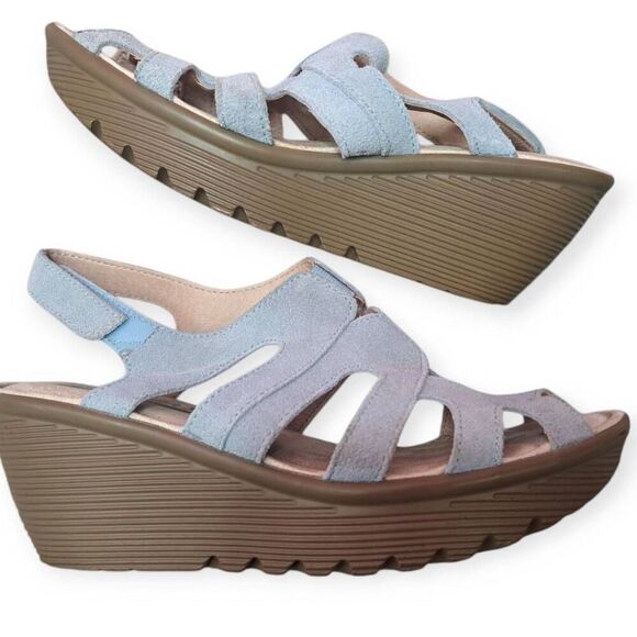 Skechers Women's Suede Peep-Toe Slingback Wedges Parallel Stylin size 6 Light Bl - Picture 4 of 7